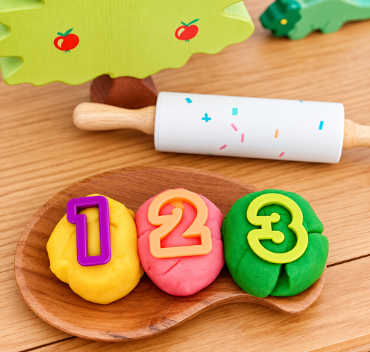 Bio DoUgh number cutters creating colourful 1, 2 and 3 shapes in playdough for counting activities