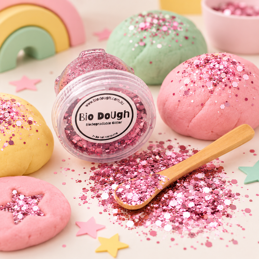 Dusty Pink biodegradable Bio DoUgh glitter with bamboo spoon for playdough and sensory play