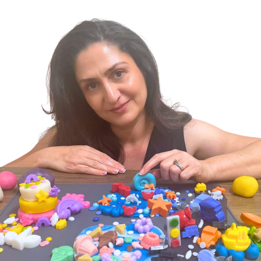 Bio DoUgh founder Rana Semaan with colourful playdough creations and sensory accessories