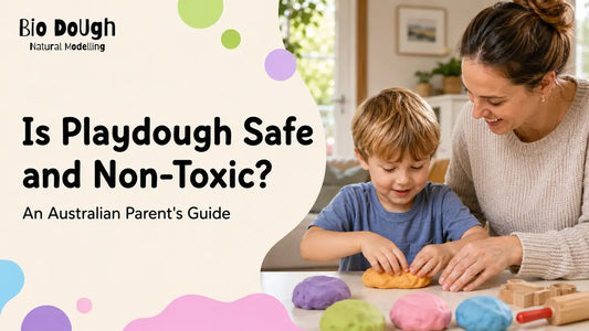 Mother and young child playing with colourful playdough beside an Australian parent safety guide