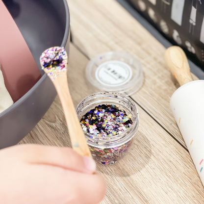 Close-up of candy mix glitter Bio DoUgh showing sparkly texture