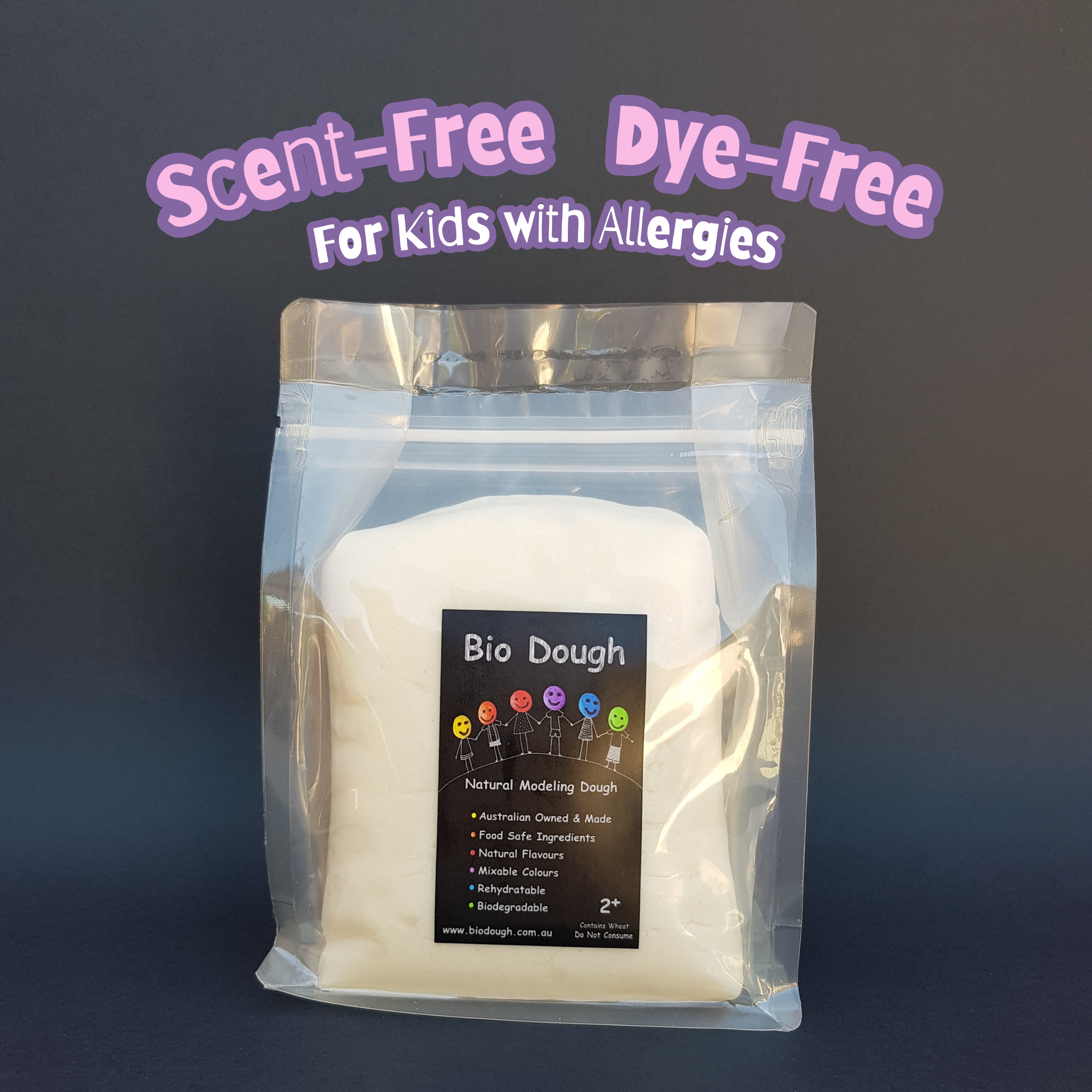 Bio DoUgh Scent-Free and Dye-Free Natural Modeling Dough in clear resealable packaging with Bio DoUgh label showing Australian Owned and Made, Food Safe Ingredients, Rehydratable, 2+ age guidance and Contains Wheat allergen information
