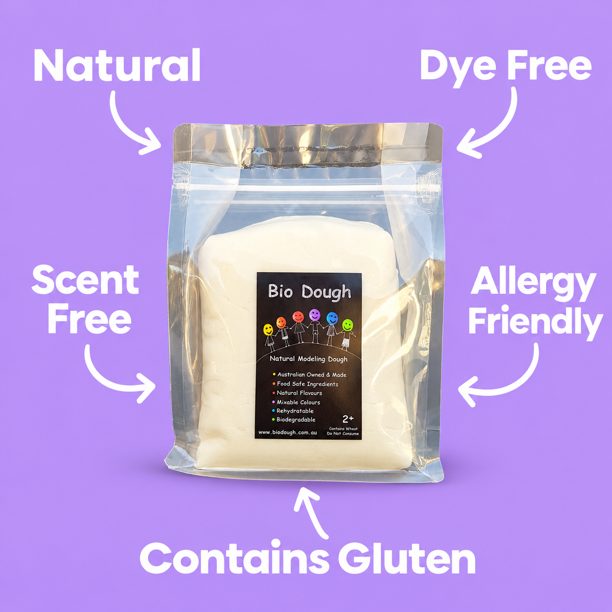 Bio DoUgh natural playdough showing scent-free, dye-free and allergy-friendly product features