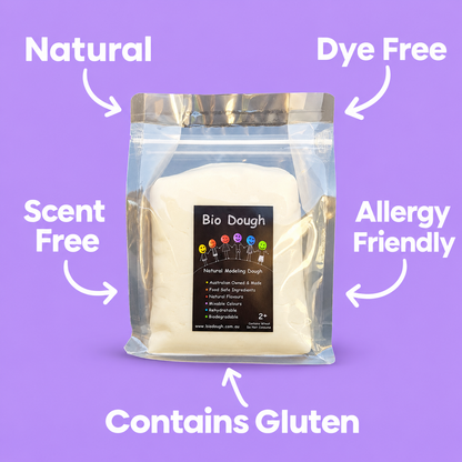 Bio DoUgh natural playdough showing scent-free, dye-free and allergy-friendly product features