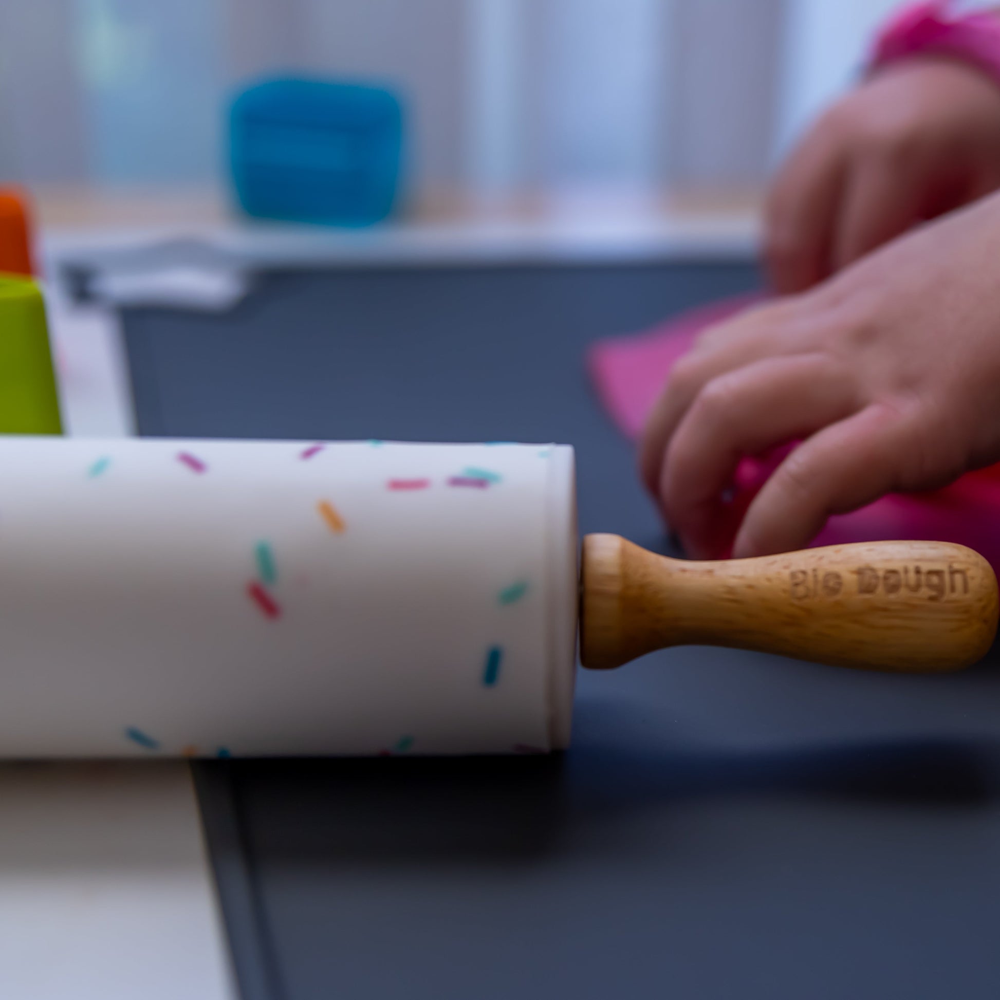 Close-Up of Confetti Pattern on Bio DoUgh Rolling Pin with Wooden Handles
