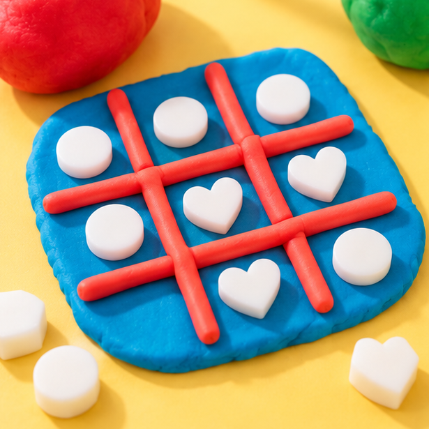 Blue playdough tic-tac-toe game using Bio DoUgh Blocks as play pieces