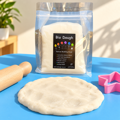 Scent-free Bio DoUgh with rolled natural playdough and colourful cutters for kids creative play
