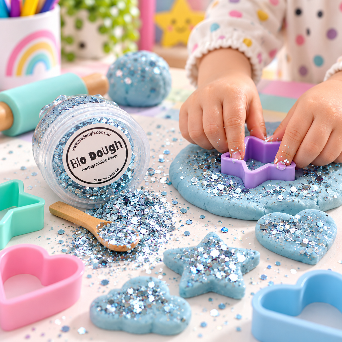 Child adding blue Bio DoUgh glitter to colourful playdough during sensory play