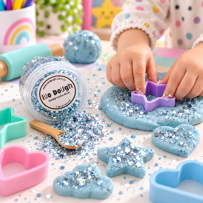 Child adding blue Bio DoUgh glitter to colourful playdough during sensory play