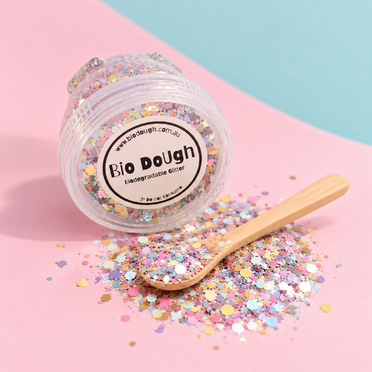 Candy Mix biodegradable Bio DoUgh glitter with bamboo spoon for colourful playdough and sensory play