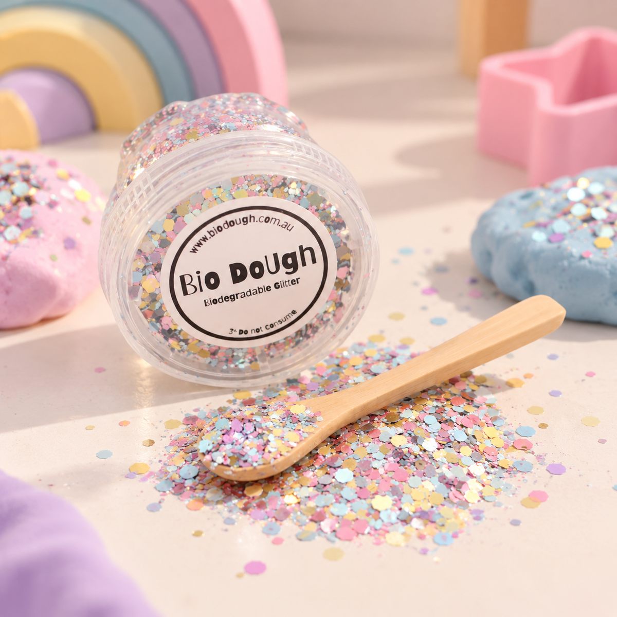 Candy Mix Bio DoUgh glitter with colourful playdough for a creative kids activity