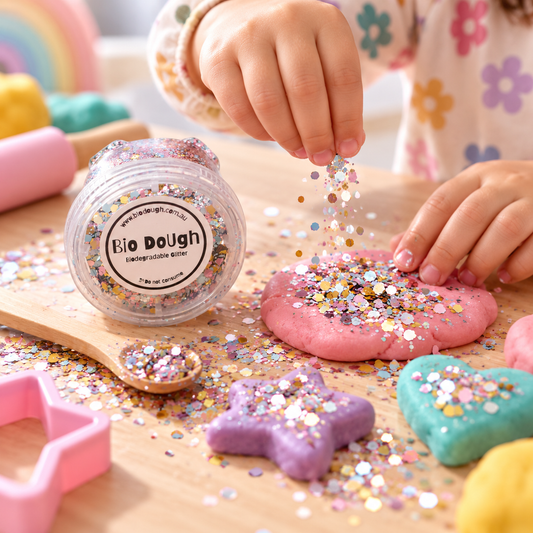 Candy Mix biodegradable Bio DoUgh glitter with bamboo spoon for colourful playdough and sensory play