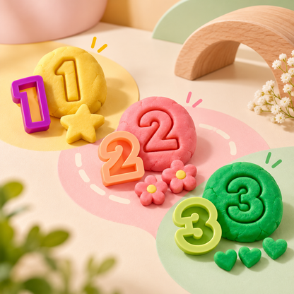 Colourful number cutters 0 to 9 with Bio DoUgh for number recognition and creative play