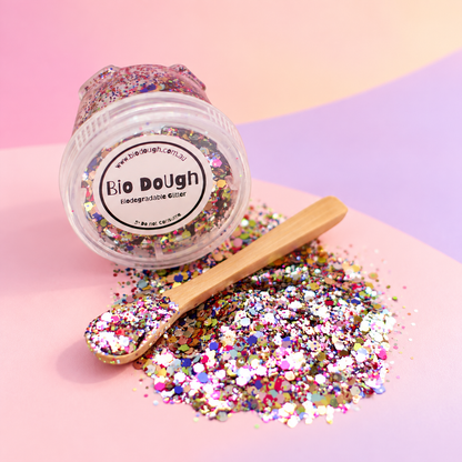 Confetti Mix biodegradable Bio DoUgh glitter with bamboo spoon for colourful playdough and sensory play