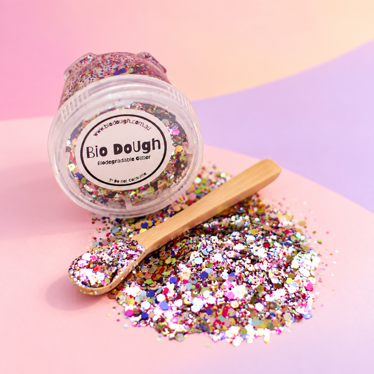 Confetti Mix biodegradable Bio DoUgh glitter with bamboo spoon for colourful playdough and sensory play