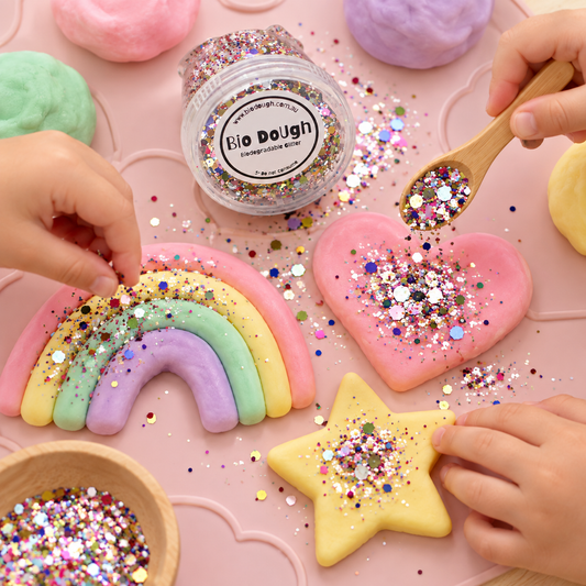 Confetti Mix biodegradable Bio DoUgh glitter with bamboo spoon for colourful playdough and sensory play