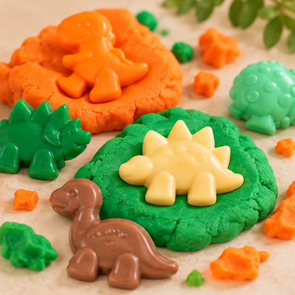 Dinosaur-shaped confections and matching molded pieces arranged on green and orange dough against a light neutral background.