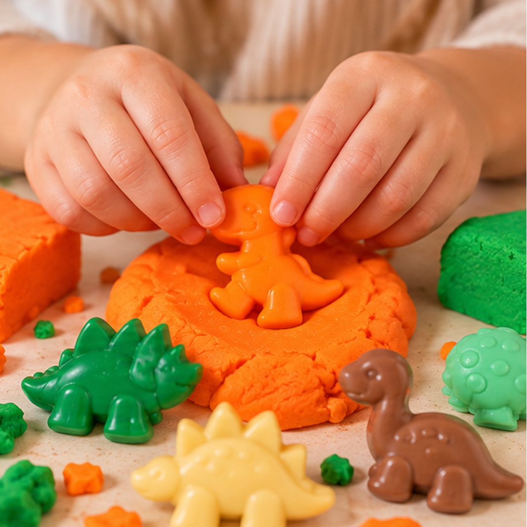 A close-up of a child's hands playing with colorful dinosaur-shaped play dough and small dinosaur toys on a light surface. The main product appears to be the play dough set with dinosaur molds, shown in orange, green, yellow, brown, and teal tones.