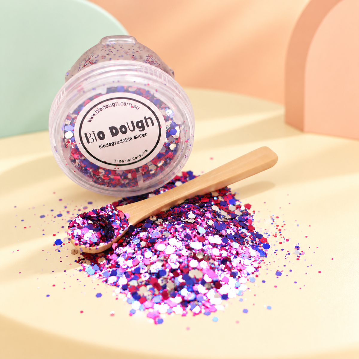 Disco Mix biodegradable Bio DoUgh glitter with bamboo spoon for colourful playdough and sensory play