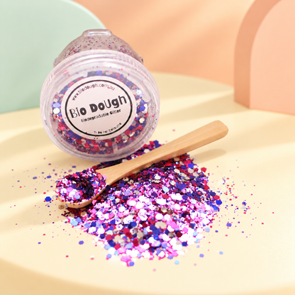 Disco Mix biodegradable Bio DoUgh glitter with bamboo spoon for colourful playdough and sensory play