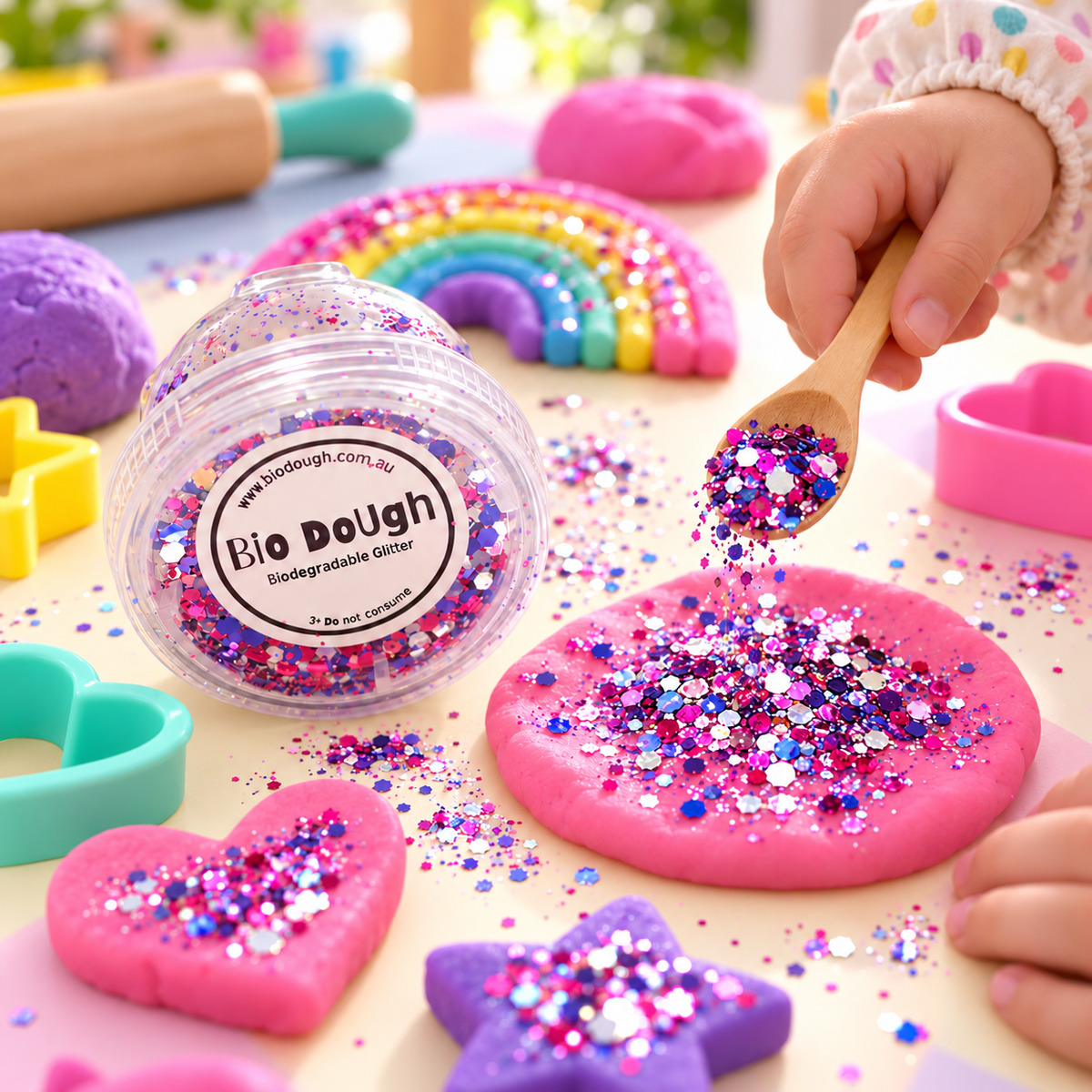 Child adding Disco Mix biodegradable glitter to colourful Bio DoUgh during a creative playdough activity