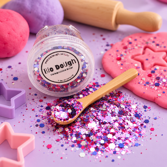Disco Mix biodegradable Bio DoUgh glitter with bamboo spoon for colourful playdough and sensory play