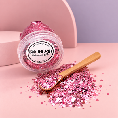 Dusty Pink biodegradable Bio DoUgh glitter with bamboo spoon for playdough and sensory play