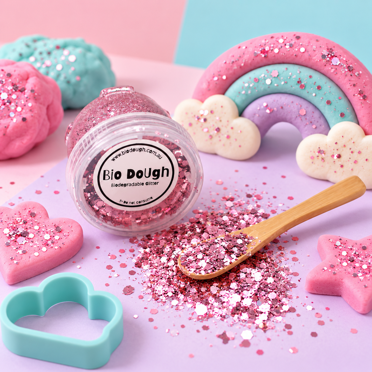 Dusty Pink biodegradable glitter with rainbow Bio DoUgh playdough for colourful sensory play