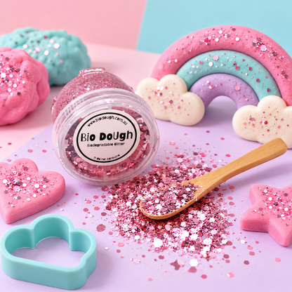 Dusty Pink biodegradable glitter with rainbow Bio DoUgh playdough for colourful sensory play