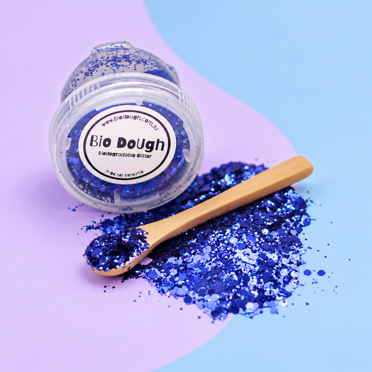 Electric Blue biodegradable Bio DoUgh glitter with bamboo spoon for playdough and sensory play