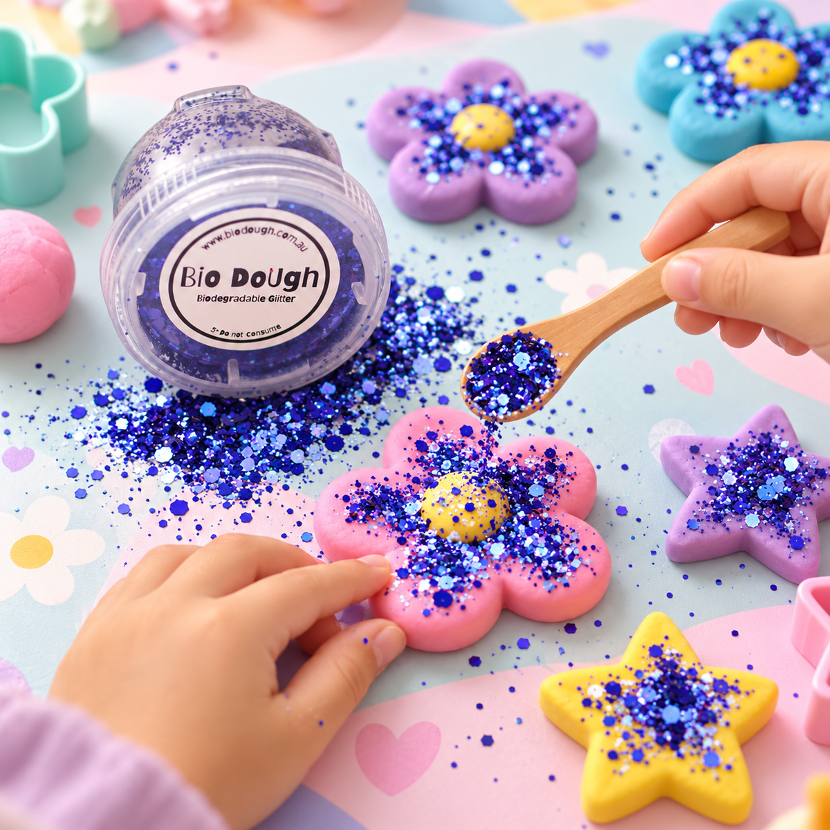 Electric Blue biodegradable glitter with colourful Bio DoUgh playdough shapes for creative sensory play