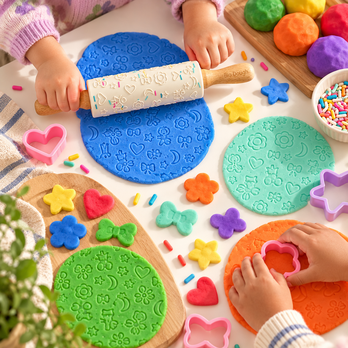 Bio DoUgh embossed rolling pin with colourful playdough and shape cutters for sensory play