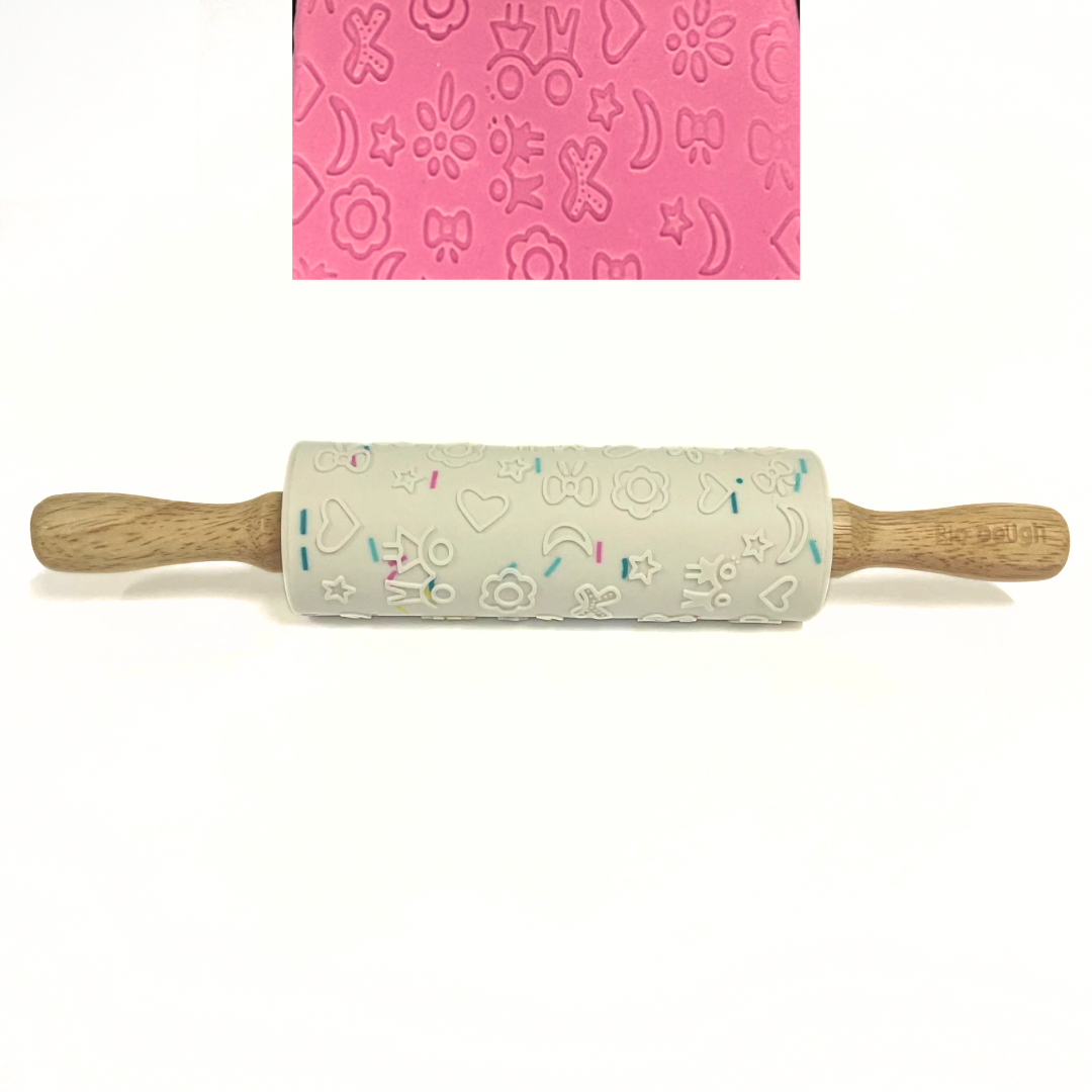 Bio DoUgh silicone rolling pin showing embossed patterns for creative playdough activities
