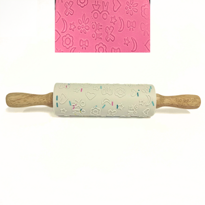 Bio DoUgh silicone rolling pin showing embossed patterns for creative playdough activities