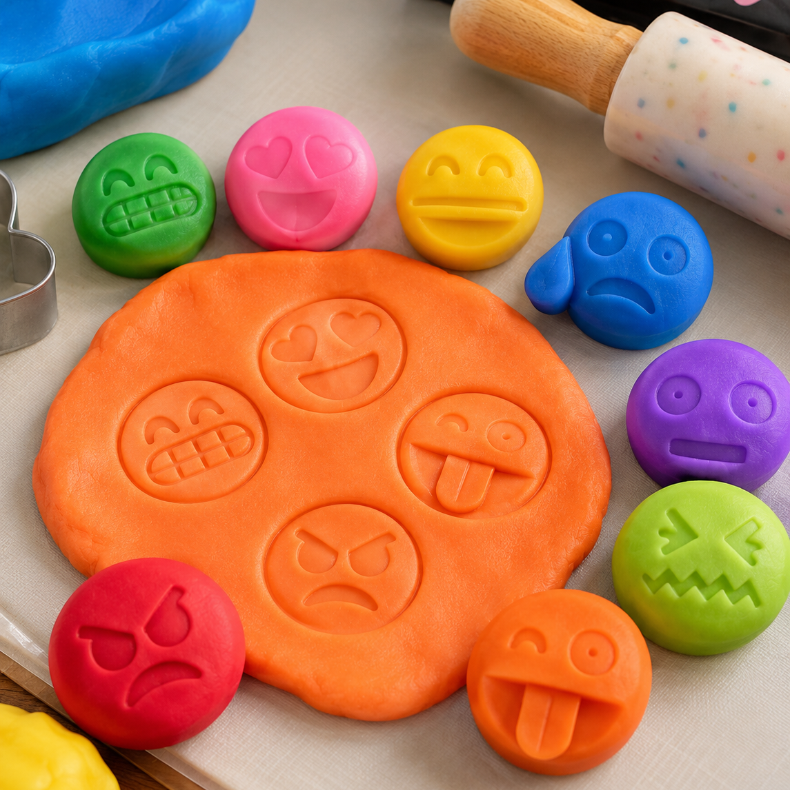 Emotion Emoji figurines pressed into orange playdough for a creative sensory play activity
