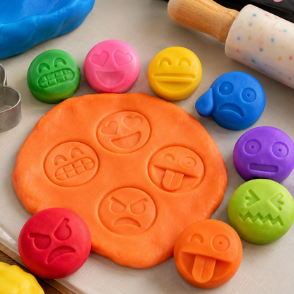 Emotion Emoji figurines pressed into orange playdough for a creative sensory play activity