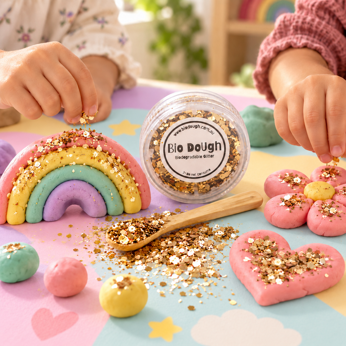 Children decorating colourful Bio DoUgh playdough with Golden biodegradable glitter