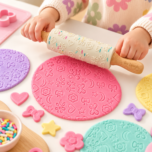 Bio DoUgh embossed silicone rolling pin creating fun patterns in pink playdough