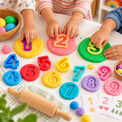 Children using Bio DoUgh number cutters for colourful counting and hands-on sensory play