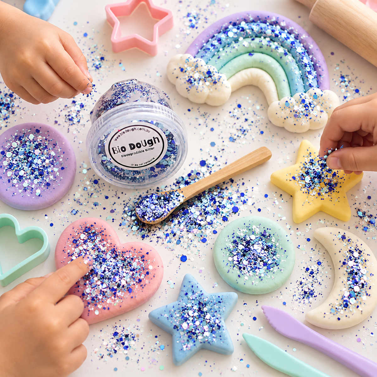 Marine Mix biodegradable glitter with colourful sea-themed Bio DoUgh creations for creative play