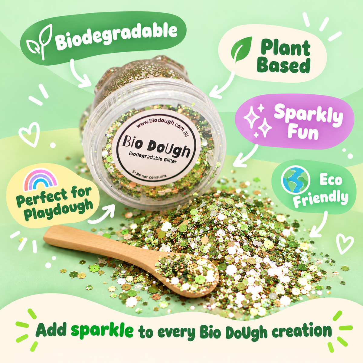 Bio DoUgh Dino Mix plant-based biodegradable glitter for playdough and dinosaur-themed creative play