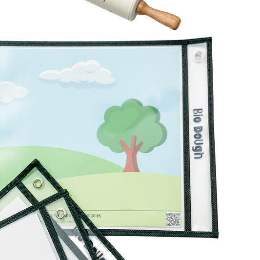 Plastic wrap with a scenic design of a tree and rolling pin, branded 'Bio Dough'.