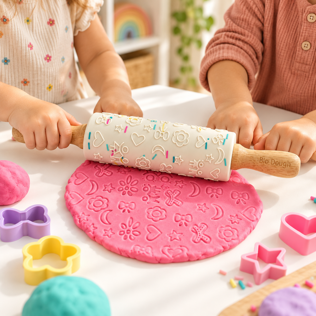 Child rolling Bio DoUgh with an embossed silicone rolling pin during creative sensory play